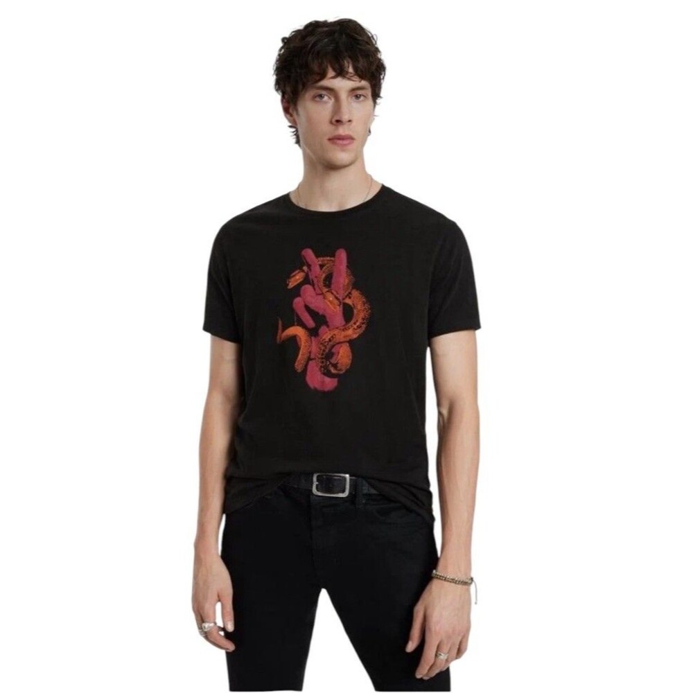 John Varvatos T-Shirt Peace Sign 2 Headed Snake Graphic Men's MED Black LtWeight